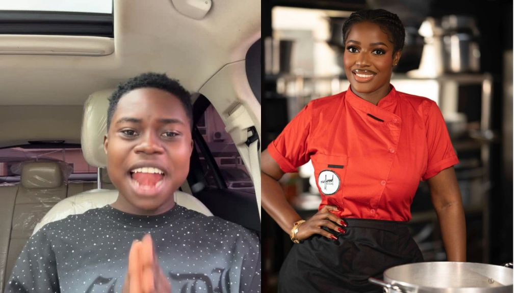 Split image showing Nigerian influencer Peller speaking animatedly inside a car on the left, and celebrity chef Hilda Baci smiling in a red chef’s jacket while standing in a kitchen on the right.
