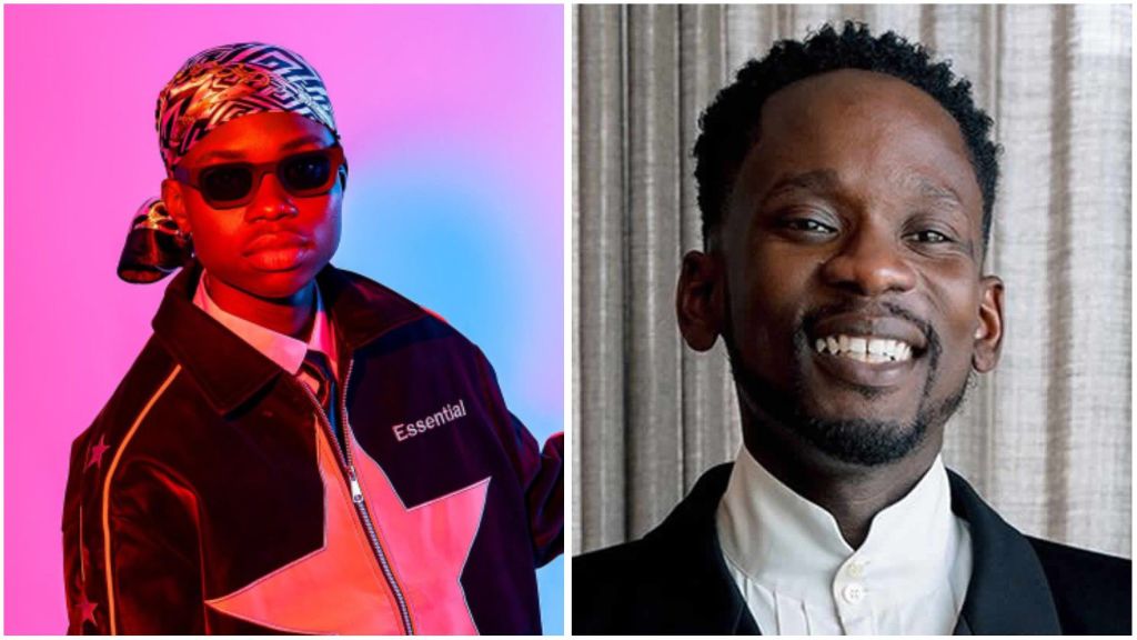 Nigerian singer Peller poses in a stylish outfit with dark sunglasses and a patterned headscarf, set against a colourful pink and blue backdrop. Beside him, Afrobeats star Mr Eazi smiles warmly in a black suit jacket over a white high-collar shirt, standing in front of a neutral curtain background.