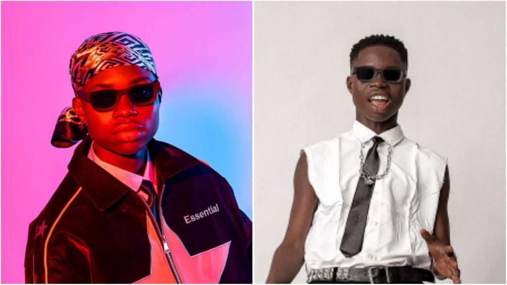 Nigerian singer Peller in a stylish photoshoot. On the left, he wears a silk headscarf, dark shades, and a black jacket with “Essential” written on it, against a pink and blue neon background. On the right, he poses in a sleeveless white shirt with a black tie, accessorised with a silver chain necklace and belt, wearing dark sunglasses while smiling.