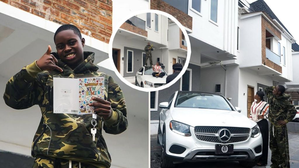 Nigerian entertainer Pellet beams with joy as he poses in front of his newly acquired house while holding house keys and a congratulatory card. His partner, Jarvis, stands beside him admiring the property, with a white Mercedes-Benz parked in the compound.
