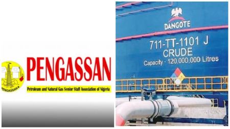 Side-by-side image showing the PENGASSAN logo on the left and a Dangote crude oil storage tank labelled with a 120,000,000-litre capacity on the right.