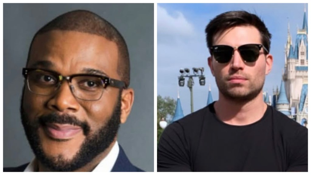 Tyler Perry in glasses smiles in a studio headshot; right, Derek Dixon in dark sunglasses stands outdoors before blue castle spires