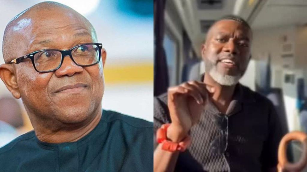 Left image shows Peter Obi wearing glasses and a black outfit, looking slightly to the side with a calm expression. Right image shows Reno Omokri speaking while seated indoors, wearing a black shirt and a red wristband, with sunlight shining on his face.