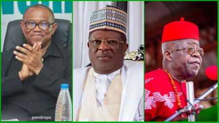 Collage showing Peter Obi seated with clasped hands, David Umahi in traditional attire with a cap, and Bola Ahmed Tinubu speaking at a podium wearing a red outfit and cap.