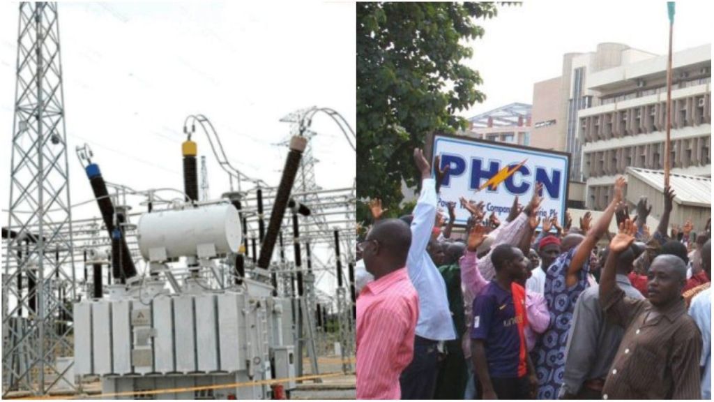 Split image showing electricity sector concerns. On the left, a power transformer and high-voltage cables at a substation. On the right, electricity workers gathered in protest outside a PHCN office, raising their hands.