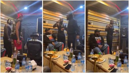 Nigerian entertainers Verydarkman, Phyno, Burna Boy, Naira Marley, and Sam Larry spotted together in a recording studio. The collage shows them in different moments during a studio session, with water bottles and drinks on the table.