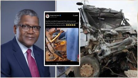 Nigerian billionaire Aliko Dangote pictured beside a photo collage showing a badly damaged truck and tricycle from a reported accident, with an inset screenshot of a social media post about the crash.