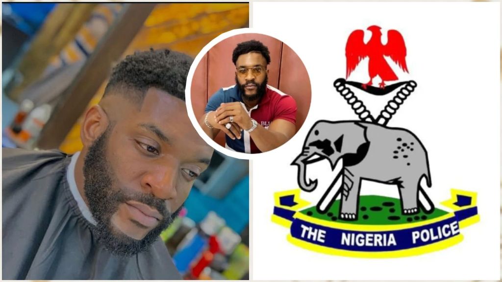 Nigerian actor Odera Mbadiwe pictured on the left in two portraits, with a close-up of him at a barbershop and an inset image of him in casual wear. To the right is the official crest of the Nigeria Police Force featuring an elephant, eagle, and chain emblem.