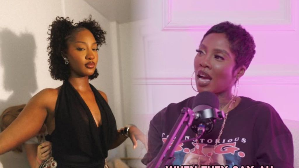 Nigerian singers Tems and Tiwa Savage side by side. Tems poses in a black halter-neck dress, while Tiwa Savage speaks into a microphone during a podcast recording.