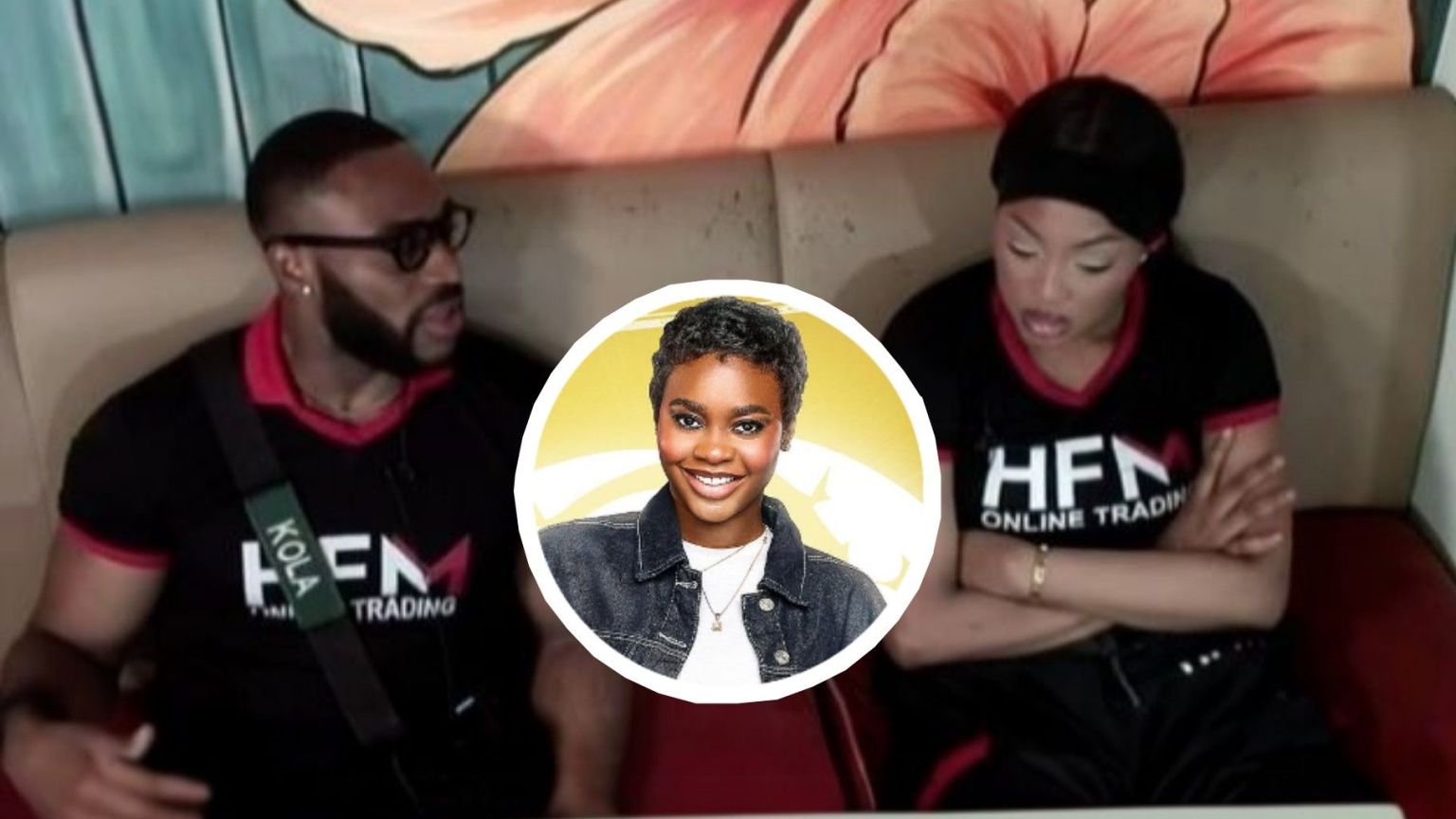 BBNaija Season 10 housemates Kola and Mide sit together during a task conversation, both wearing matching black HFM branded outfits, while an inset shows fellow housemate Dede smiling in her official portrait