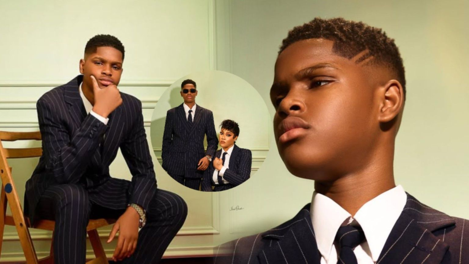 Nigerian actress Angela Okorie and her son Chamberlain Orizu pose in coordinated pinstripe suits for a stylish photoshoot. Angela is seen seated while Chamberlain stands tall beside her, both exuding elegance and confidence.