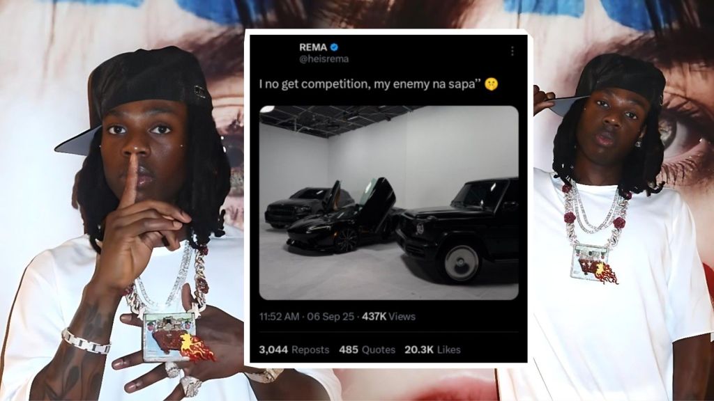 Nigerian singer Rema poses in stylish outfits with jewellery, flanking a screenshot of his X post showing three luxury black cars with the caption, “I no get competition, my enemy na sapa.”