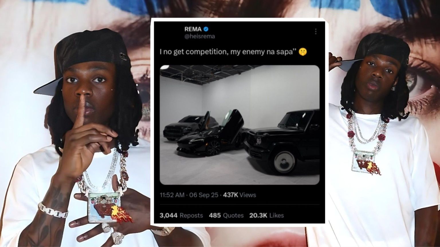Nigerian singer Rema poses in stylish outfits with jewellery, flanking a screenshot of his X post showing three luxury black cars with the caption, “I no get competition, my enemy na sapa.”