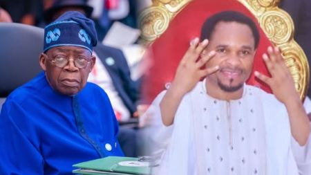 Nigerian President Bola Ahmed Tinubu is pictured wearing a blue traditional outfit and cap during an official engagement, while Prophet Odumeje, dressed in white attire, is seated on a golden throne chair, smiling and raising his hands in a lively gesture.