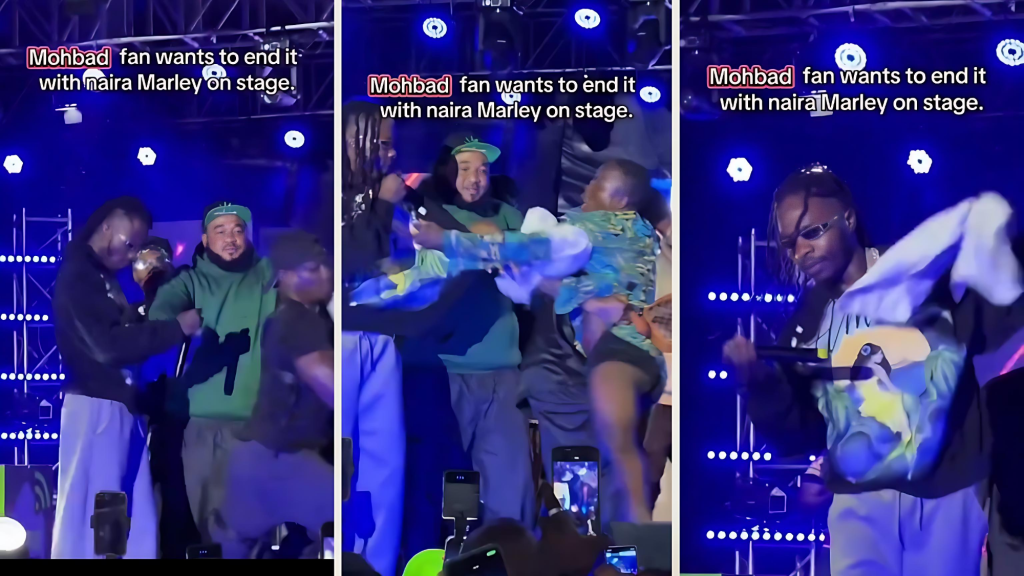 Collage of three photos showing chaos at a concert: (left) Naira Marley performs on stage as Sam Larry in a green hoodie and security move in, (centre) a fan aggressively lunges toward Naira Marley before being restrained, and (right) Naira Marley continues performing while holding a towel after the scuffle.