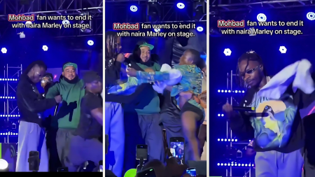 Collage of three photos showing chaos at a concert: (left) Naira Marley performs on stage as Sam Larry in a green hoodie and security move in, (centre) a fan aggressively lunges toward Naira Marley before being restrained, and (right) Naira Marley continues performing while holding a towel after the scuffle.
