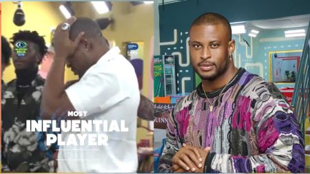 BBNaija Season 10 housemate Kaybobo is highlighted as the “Most Influential Player” of the week. The split image shows him in a colourful patterned sweater posing confidently, alongside a live shot from the house where he reacts emotionally after being announced for the title.
