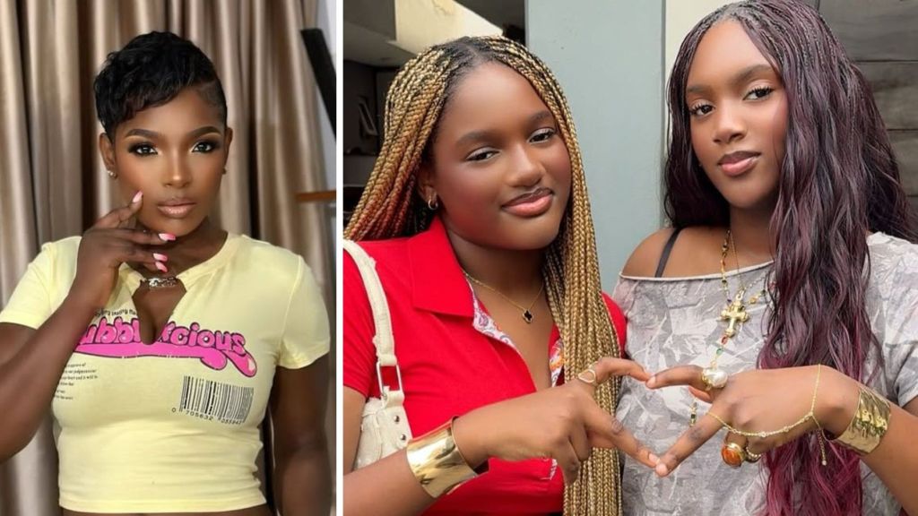 Nollywood actress Annie Idibia posing in a yellow crop top, alongside her daughters Isabella and Olivia smiling and making a heart shape with their hands.