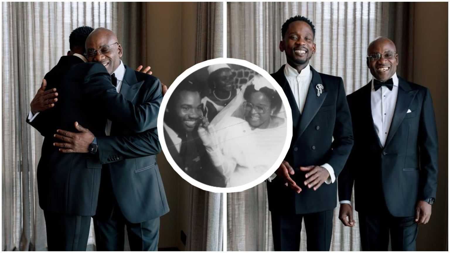 Nigerian singer Mr Eazi shares a warm father-son moment with his dad, both dressed in black tuxedos, smiling and posing for photos. At the centre, an inset black-and-white throwback image shows his father and mother on their wedding day, radiating joy as a young couple.