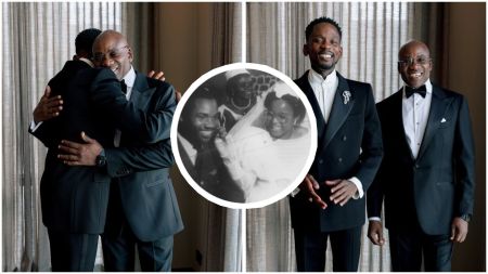 Nigerian singer Mr Eazi shares a warm father-son moment with his dad, both dressed in black tuxedos, smiling and posing for photos. At the centre, an inset black-and-white throwback image shows his father and mother on their wedding day, radiating joy as a young couple.
