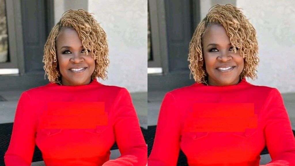 Side-by-side images of Yinka Theisen smiling while seated outdoors, wearing a bright red outfit and styled blonde locs.