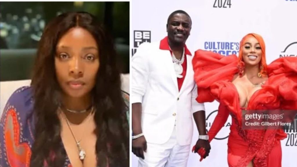 Collage showing Akon’s first wife Tomeka (left) in a solo portrait, and Akon with his second wife Amirah-Iman (right) posing together at an event, Amirah wearing a bold red gown and Akon in a white suit.