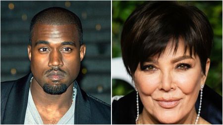 Side-by-side photo of Kanye West in a grey shirt and black jacket, and Kris Jenner smiling in a close-up portrait with emerald earrings.