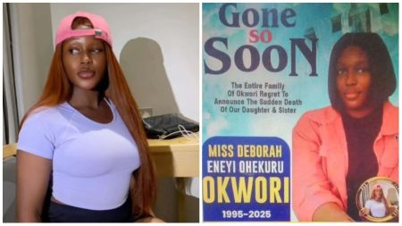 Side-by-side collage showing late interior designer Deborah Eneyi Ohekuru Okwori. On the left, she is pictured wearing a light purple top and pink cap, looking to the side. On the right is her obituary poster with the text “Gone So Soon,” including her full name, birth year (1995), and year of passing (2025).