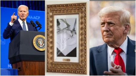 A collage showing U.S. President Joe Biden delivering a speech at a podium (left), a framed piece with a signed pen illustration (centre), and former U.S. President Donald Trump in a navy suit with a red tie (right).