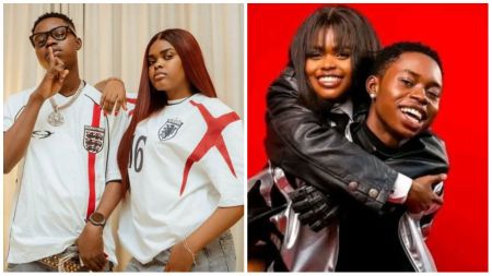Side-by-side photos of Nigerian singers Peller and Javis, one showing them in matching England jerseys, and another playful shot of Javis giving Peller a piggyback ride against a red backdrop.