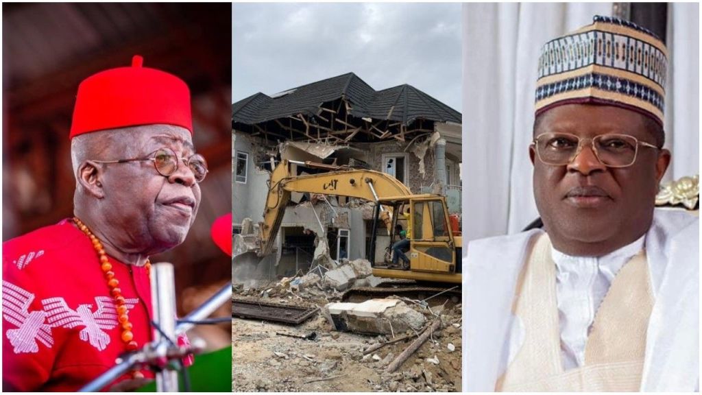Nigerian President Bola Ahmed Tinubu (left) and Minister of Works David Umahi (right), with a bulldozer demolishing a building in the centre image.