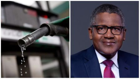 Split image showing a close-up of a fuel pump nozzle dripping liquid on the left, and a portrait of Nigerian businessman Aliko Dangote in a suit and red tie on the right.