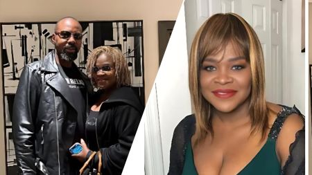 Split image showing Nigerian actress Yinka Theisen and actor Linc Edochie. On the left, Yinka poses with her husband, both dressed in black outfits with dark glasses. On the right, Yinka smiles warmly in a green gown with lace sleeves, wearing subtle makeup and straightened hair.