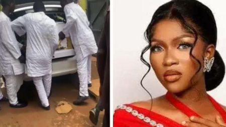 A collage showing two scenes: on the left, pallbearers in white attire loading a gold-trimmed white coffin into a car during a burial procession; on the right, a portrait of Phyna’s sister Ruth, dressed in a red outfit with styled hair, earrings, and subtle makeup.