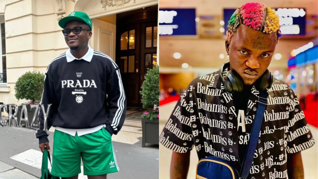 Nigerian street-hop singer Portable, styled in two different outfits. On the left, he wears a green cap, black Prada sweatshirt, and green Adidas shorts, smiling outdoors. On the right, he appears indoors with rainbow-coloured hair, headphones around his neck, and a serious expression while wearing a black "Bahamas" print shirt.