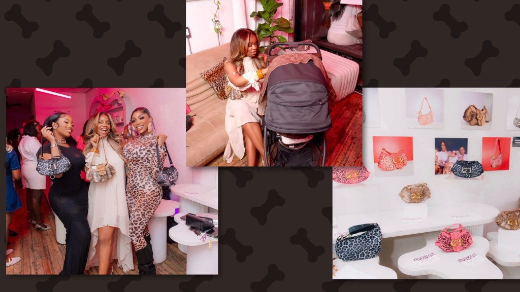 Priscilla Ojo at herToronto pop-up, posing with friends, checking her baby pram, and Leopardi print handbags displayed on pink-lit shelves