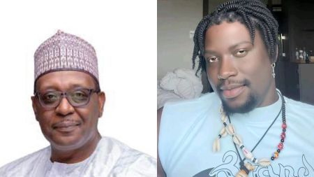 Left image shows Prof. Muhammad Ani wearing glasses, a traditional Nigerian cap, and a light-coloured native attire, looking straight at the camera. Right image shows social media critic Verydarkman wearing a light blue shirt with shell and bead necklaces, sporting braided hair, earrings, and nose rings while smiling slightly.