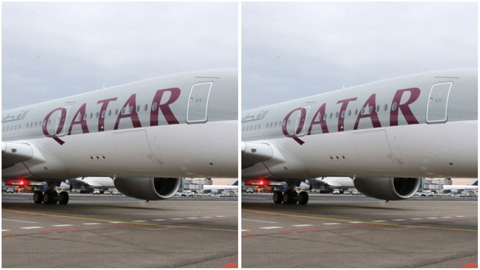 Qatar Airways plane parked on the tarmac, showing the airline’s name boldly displayed on the aircraft body.