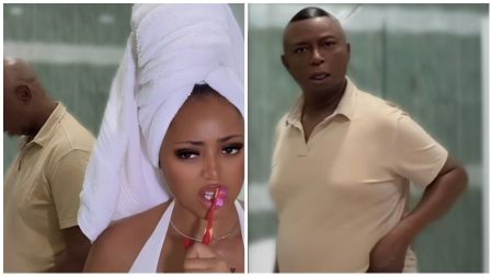 Nollywood actress Regina Daniels with a towel wrapped around her head as she brushes her teeth, alongside her husband Ned Nwoko, who is dressed casually in a beige polo shirt.