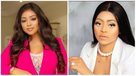 Side-by-side portraits of Nollywood actress Regina Daniels, one showing her in a pink blazer over lace with wavy hair, and the other in a white blazer with pearl jewellery and sleek straight hair.