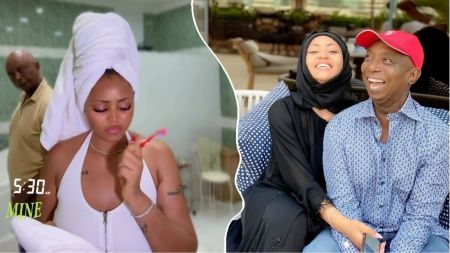 Nigerian actress Regina Daniels brushing her teeth with a towel wrapped around her head while her husband, Ned Nwoko, looks on in the background (left). On the right, Regina and Ned share a happy moment outdoors, smiling warmly together.