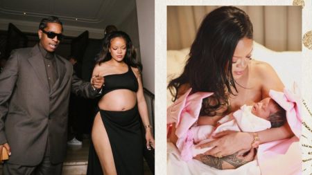 A$AP Rocky holds Rihanna’s hand while she flaunts her baby bump in a black cut-out dress; on the right, Rihanna cradles her newborn baby wrapped in pink fabric while smiling down lovingly.
