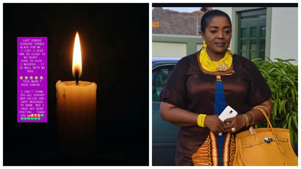 Memorial candle and veteran Nollywood actress in yellow beads after sharing a grief message.