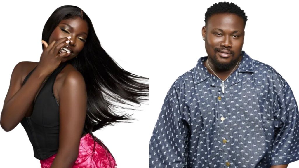Side-by-side portraits of BBNaija Season 10 housemates Zita and Rooboy. Zita is seen in a black top and pink skirt, smiling with long straight hair flowing, while Rooboy wears a patterned blue shirt, giving a calm pose.
