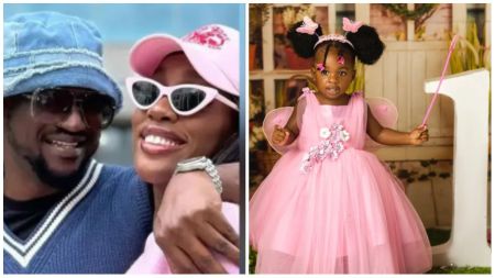 Nigerian singer Rudeboy and his wife smiling together in casual outfits on the left, with their daughter dressed in a pink fairy-style gown celebrating her birthday on the right.