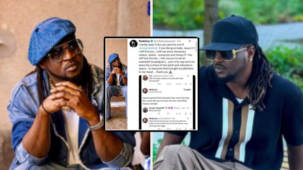 Alt text: Nigerian singer Rudeboy, born Paul Okoye, pictured in denim and cap on the left and in a black shirt and cap on the right, alongside a screenshot of his warning post on X addressing allegations made against him.