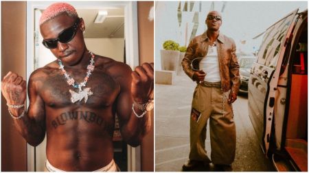 Side-by-side collage of Nigerian singer Ruger. On the left, Ruger poses shirtless with pink hair, sunglasses, and jewellery, showing tattoos across his chest. On the right, he stands beside a car wearing wide khaki trousers, a white vest, and a brown patterned jacket.