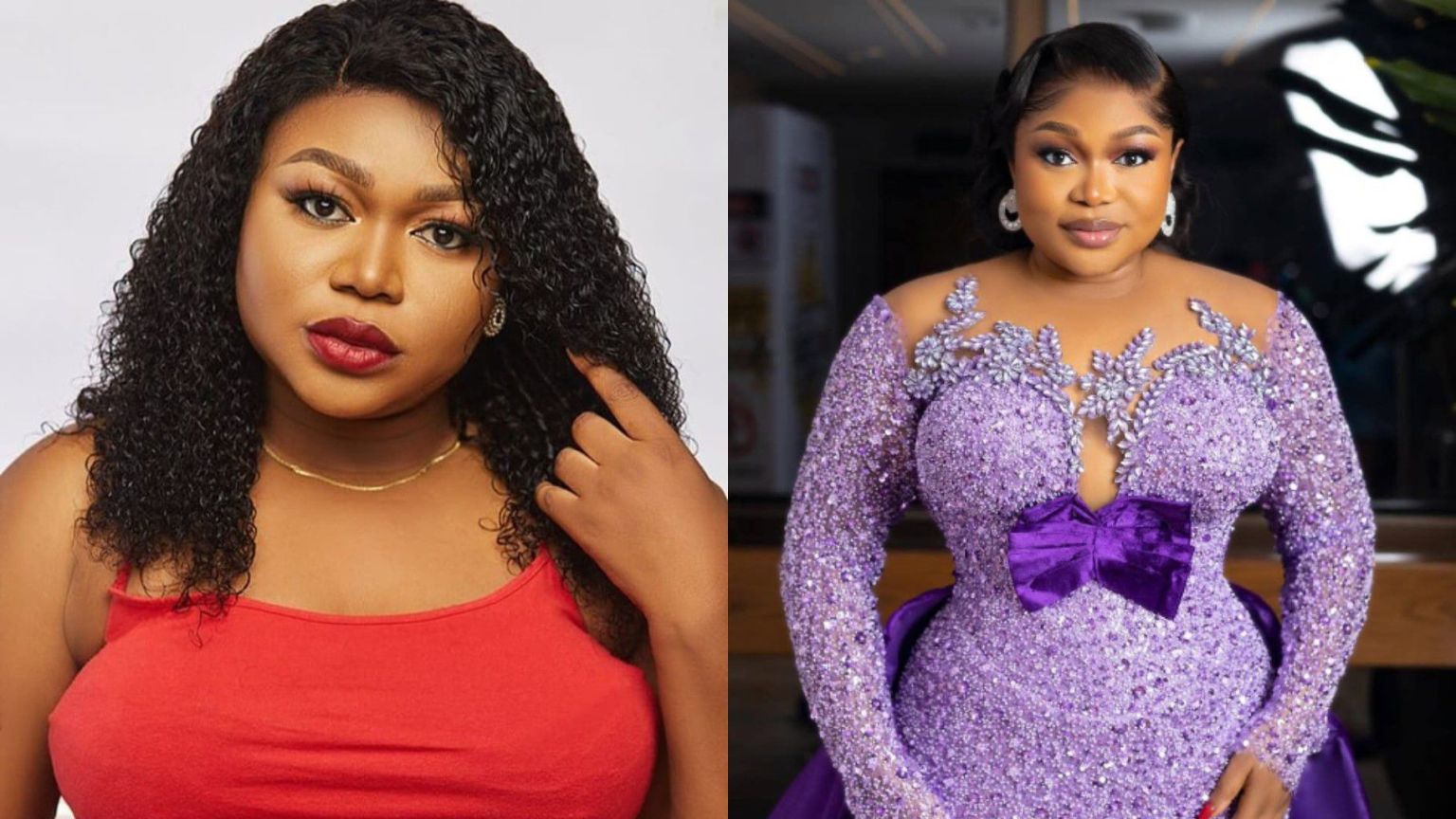 Nigerian actress Ruth Kadiri pictured in two stunning looks — on the left, she wears a sleeveless red outfit with curly hair and bold red lipstick, while on the right, she dazzles in a sparkling lavender gown adorned with beadwork, floral appliqués, and a large satin bow.