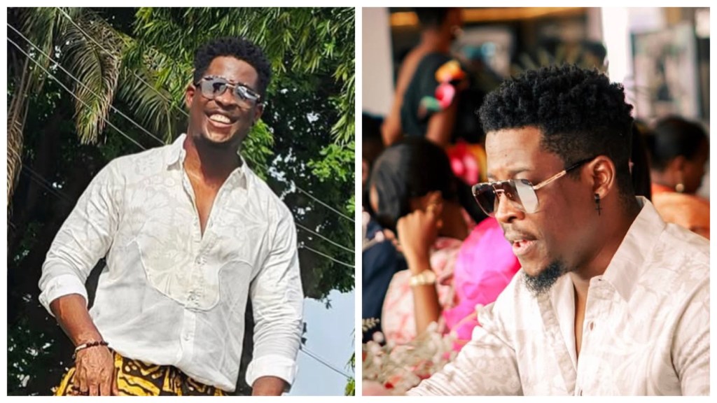 Seyi Awolowo in a white patterned shirt and sunglasses; left, he smiles outdoors, right, he speaks seated at an indoor event