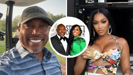 Reality TV star Porsha Williams and her estranged husband Simon Guobadia. The collage shows Porsha in a floral top holding a drink, Simon smiling in a golf cap, and an inset of the couple posing together at a formal event.